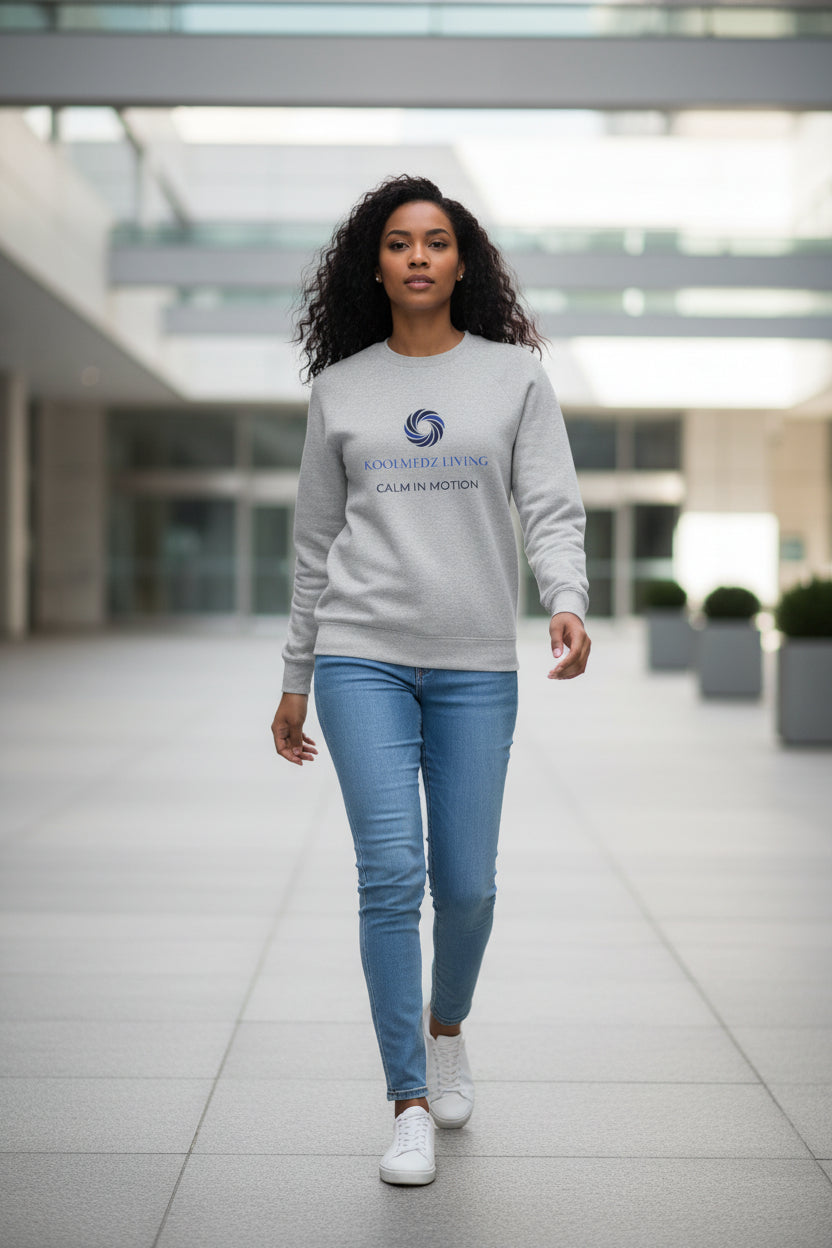 CALM IN MOTION crewneck sweatshirt, light grey with chest logo and ribbed cuffs