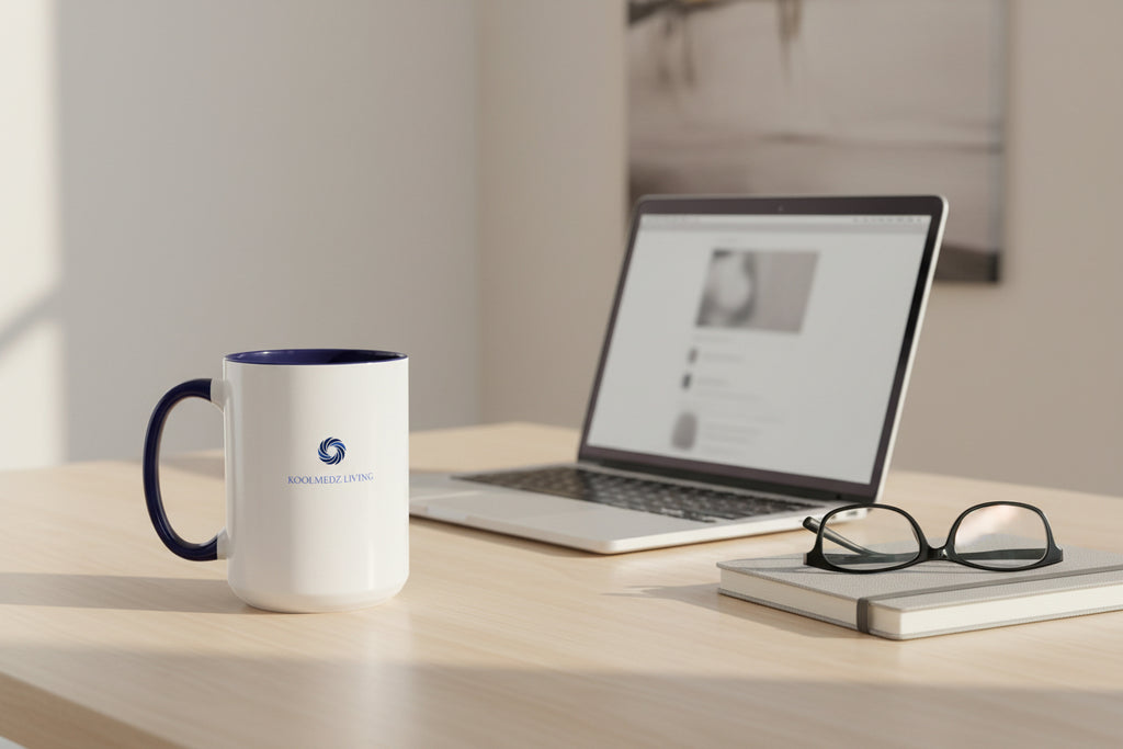 Ceramic mug with navy interior and handle, white body, KoolMedz Living logo.