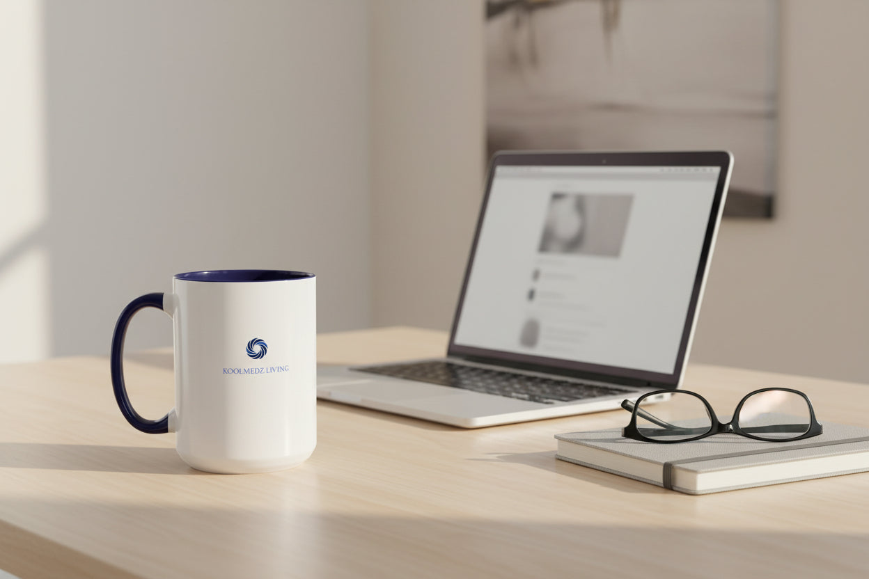 Ceramic mug with navy interior and handle, white body, KoolMedz Living logo.