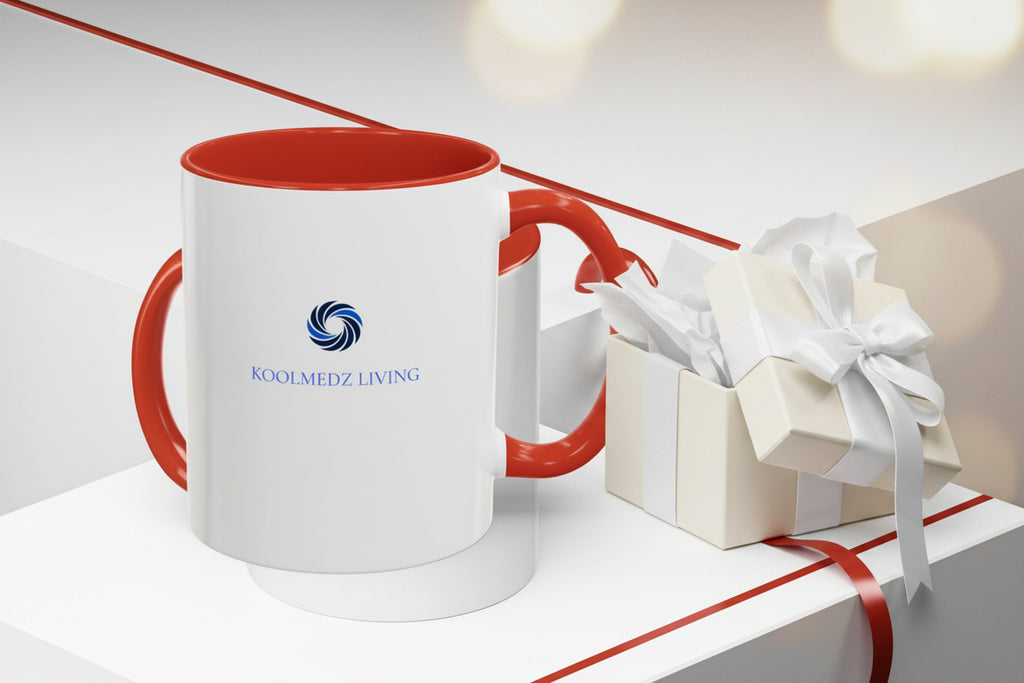 Ceramic mug with red rim and handle, white body, blue KoolMedz Living logo