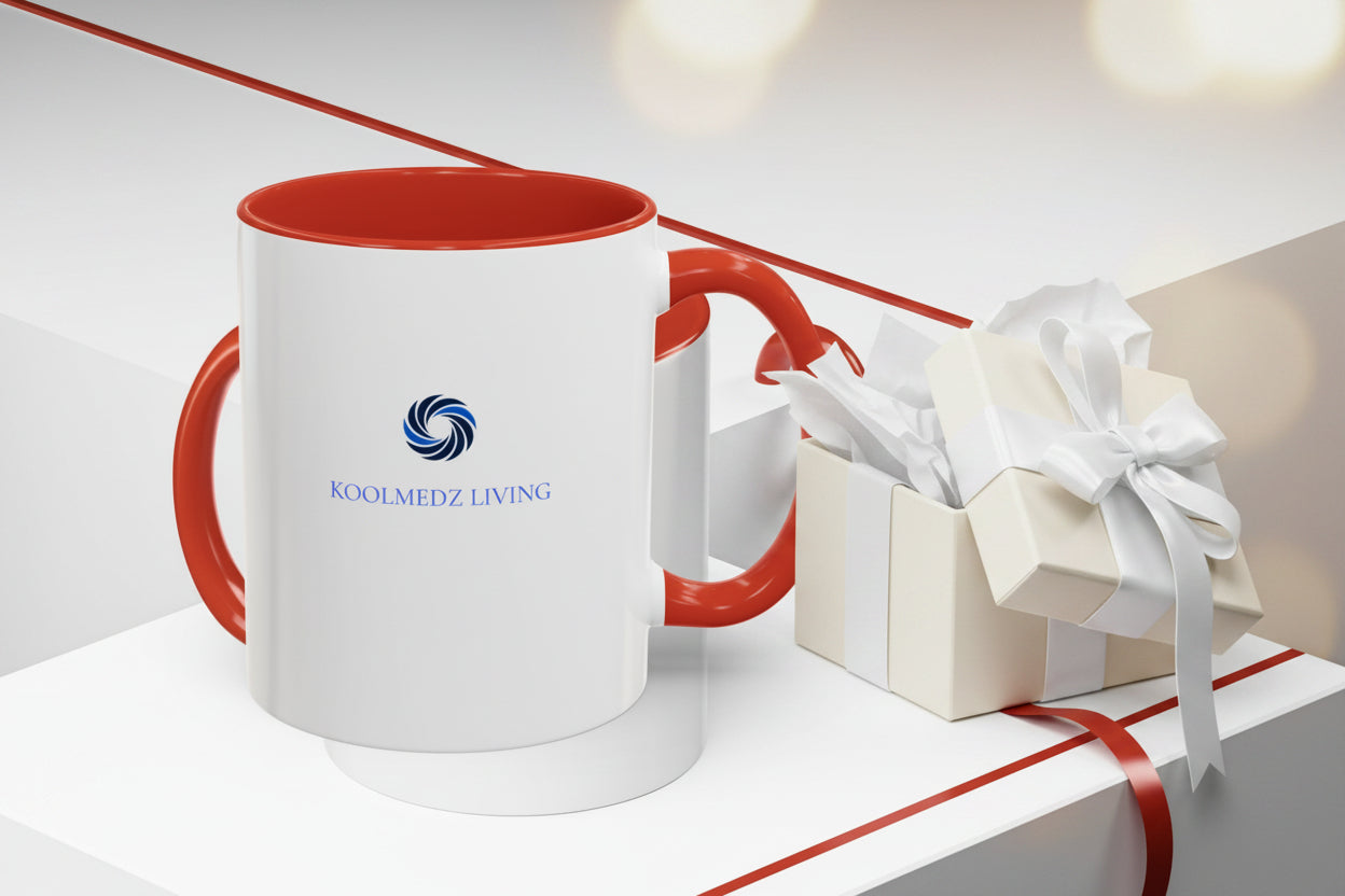 Ceramic mug with red rim and handle, white body, blue KoolMedz Living logo