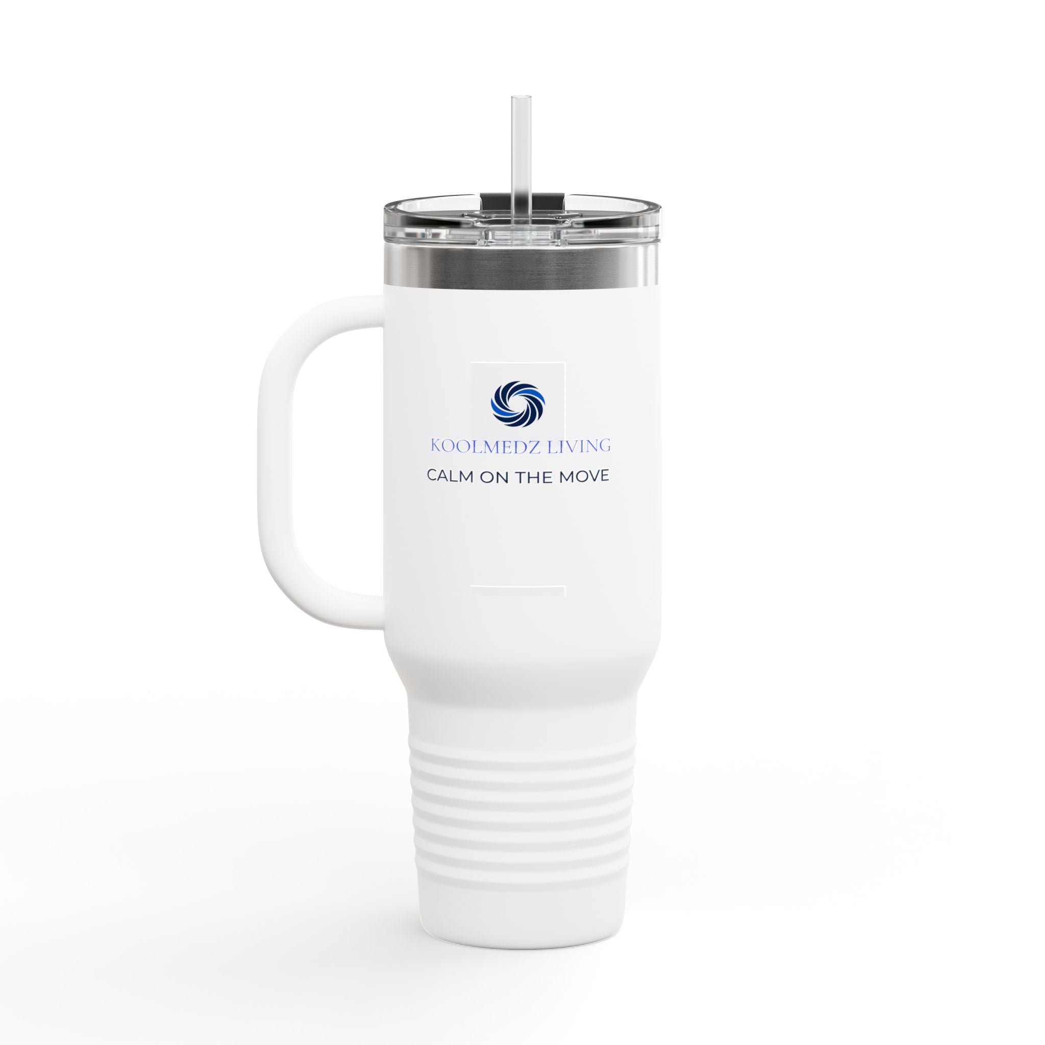 White insulated travel mug with clear straw lid and printed logo