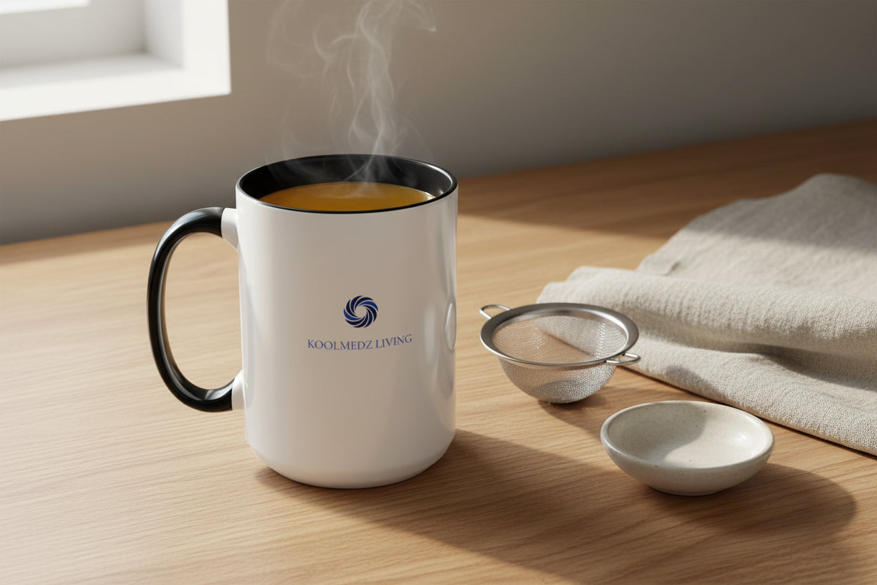 Ceramic mug with black rim and handle, white body, blue KoolMedz Living logo, steam