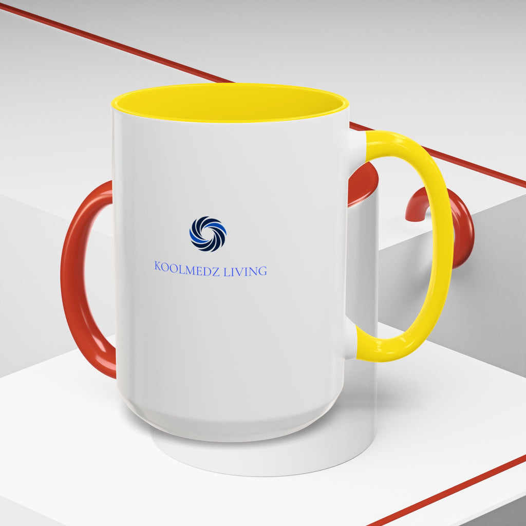 Ceramic accent mug with yellow rim and handle, white body, blue logo