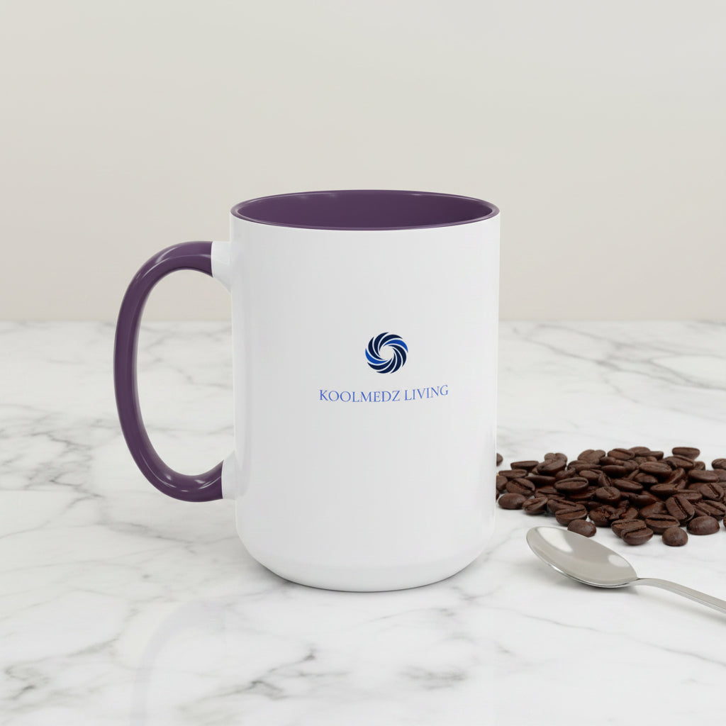 Ceramic mug with purple handle and rim, white body and KoolMedz Living logo
