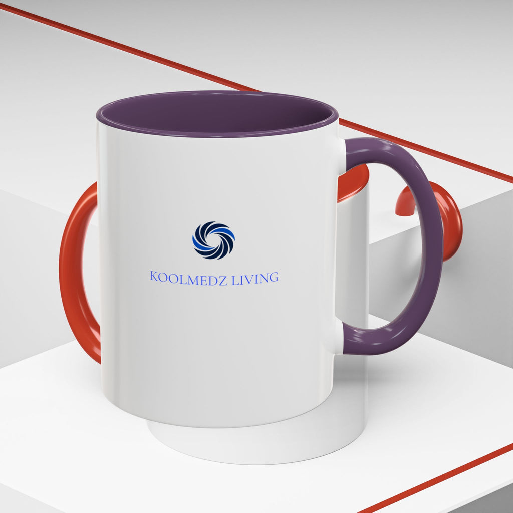 Ceramic accent mug with purple rim and handle, white body, blue logo