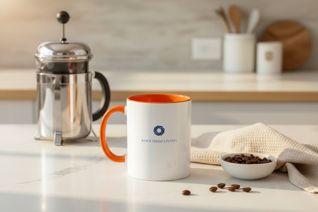 Ceramic accent mug with orange rim and handle, white body, blue logo