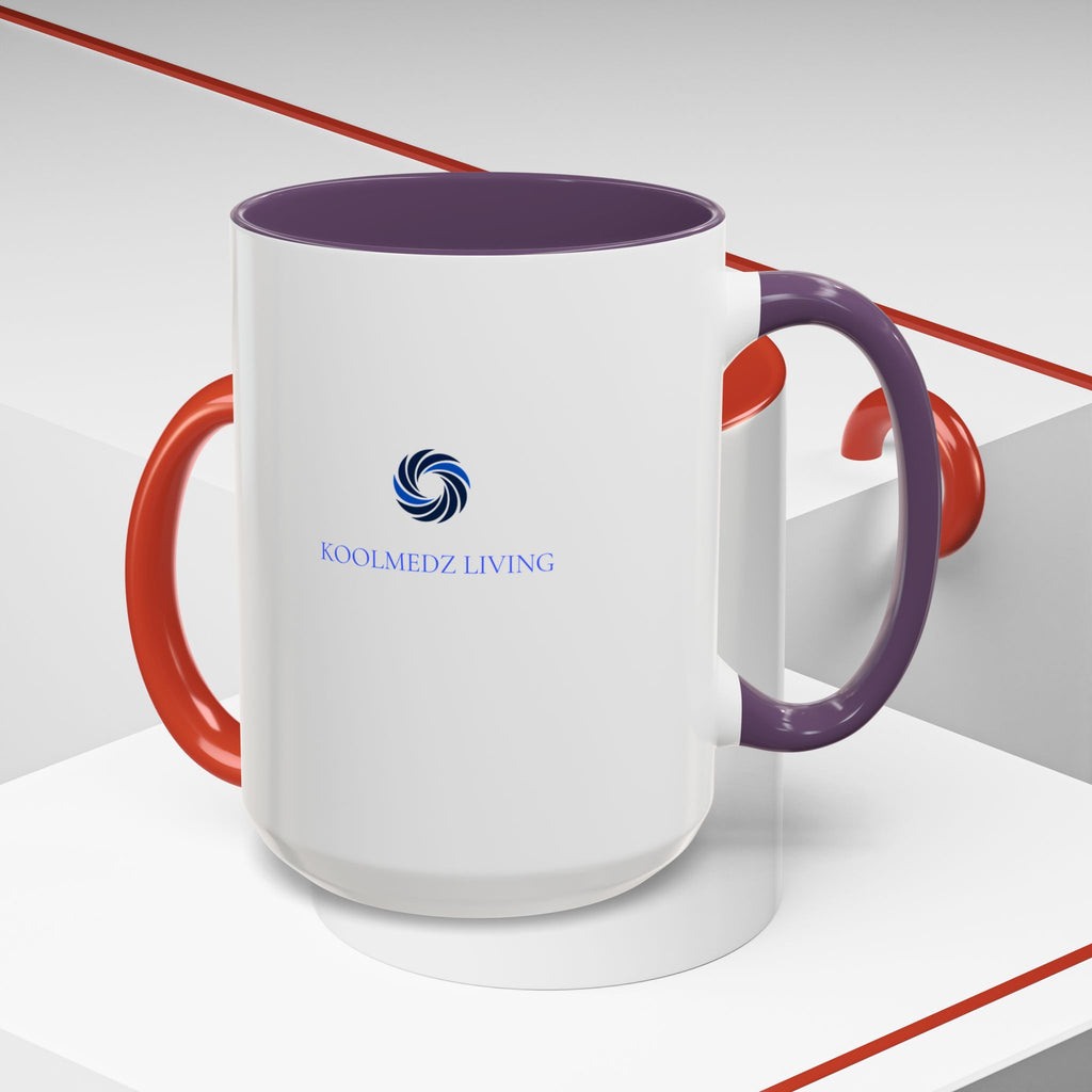 Ceramic mug, white with purple handle and rim, logo on the front