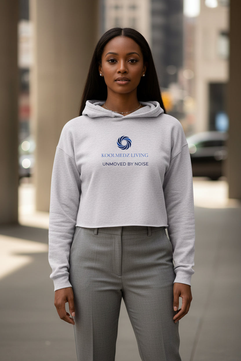 Grey heather cropped hoodie with drawstring hood and chest logo print