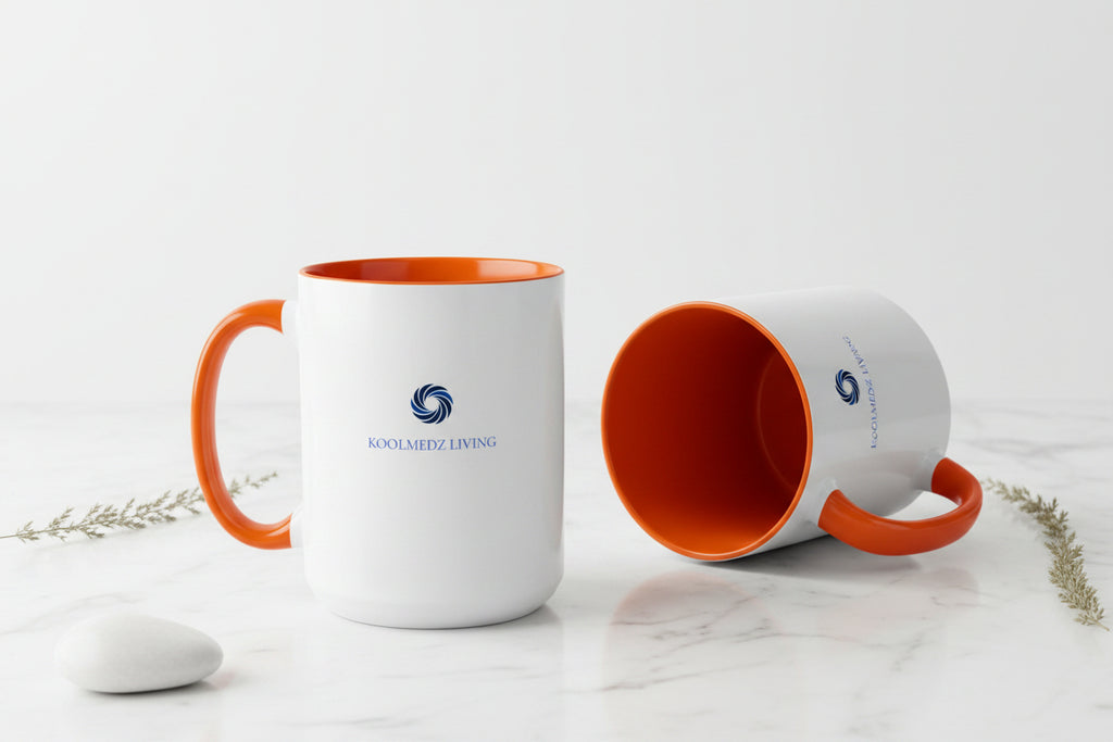 Ceramic accent mug with orange interior and handle, white body, blue logo