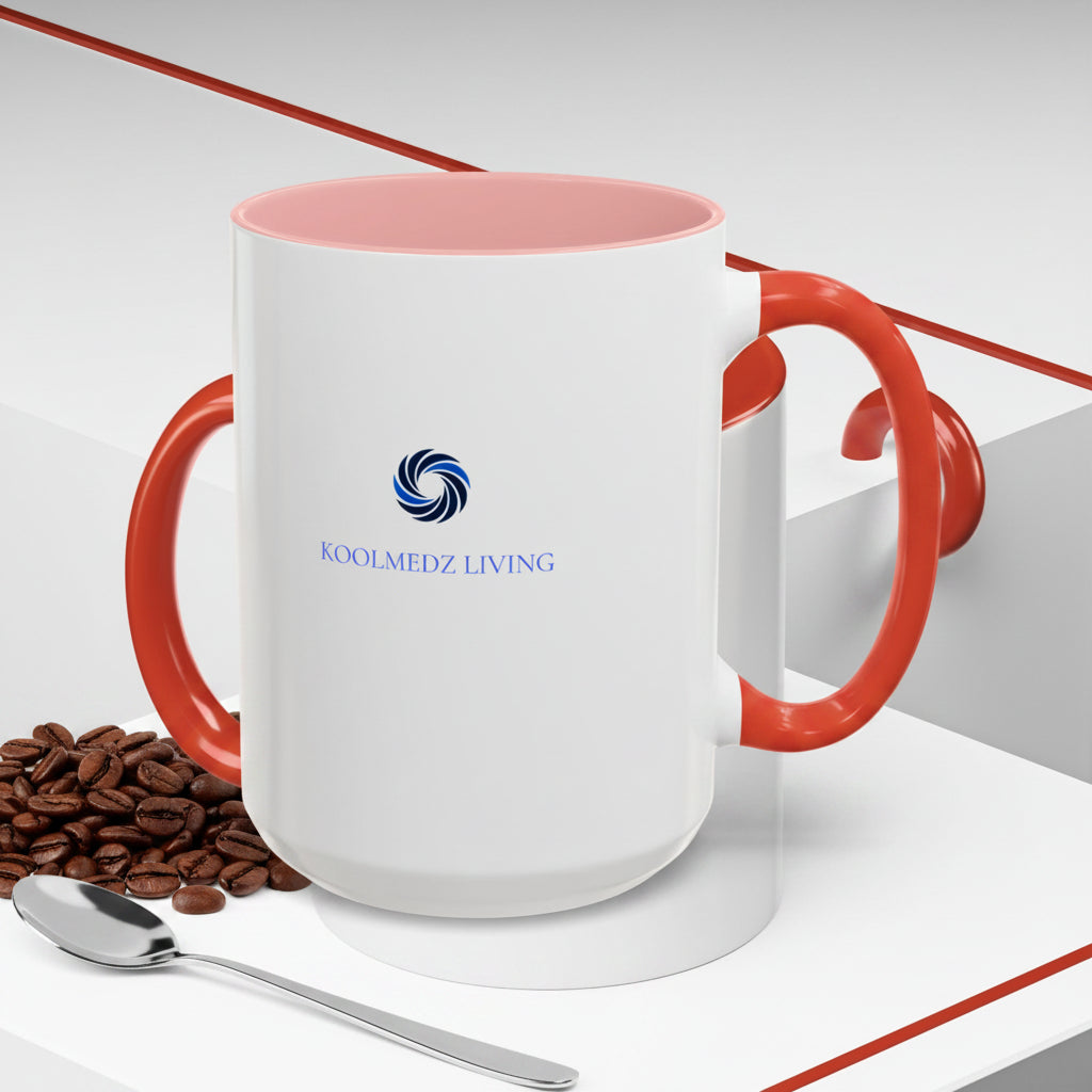 Ceramic mug with pink interior and red handle, white body, Living logo print.
