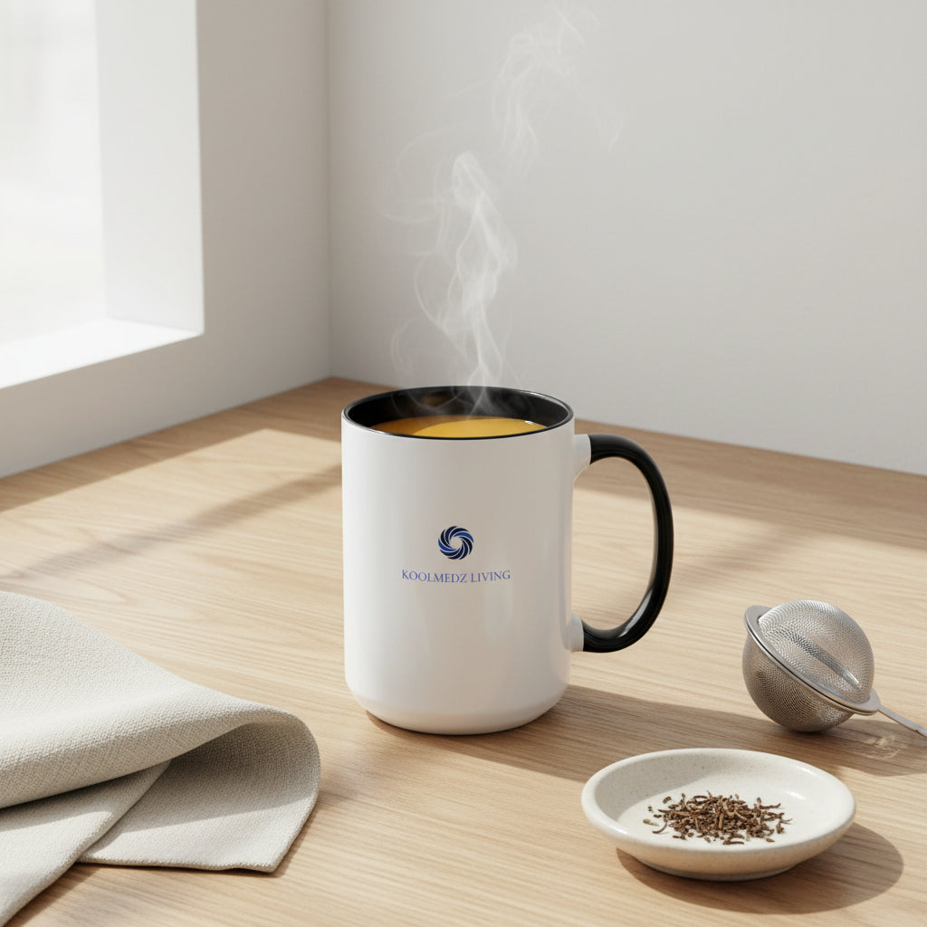 Ceramic mug with black rim and handle, white body, blue KoolMedz Living logo