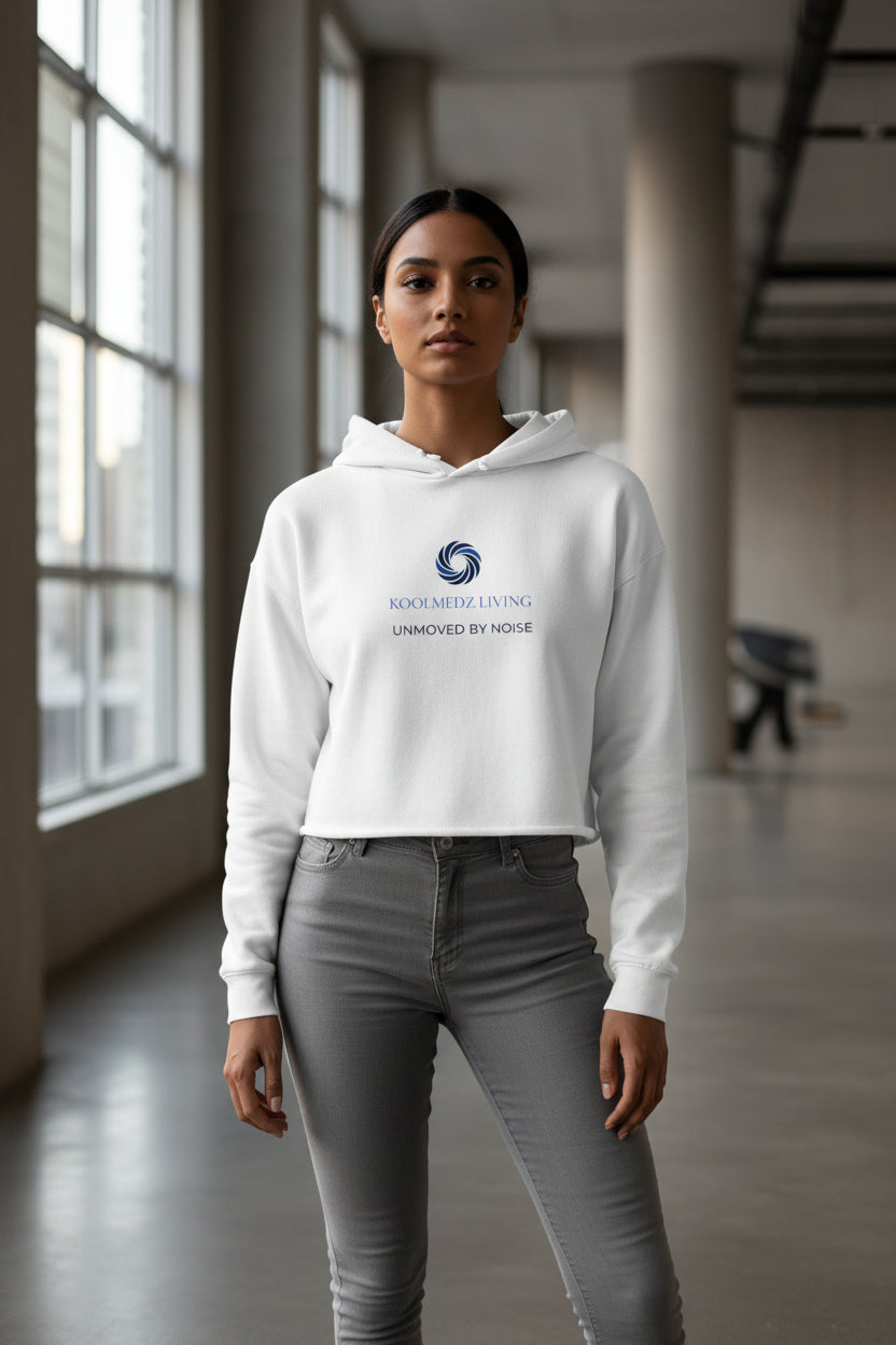 White cropped hoodie with drawstring hood and small chest logo