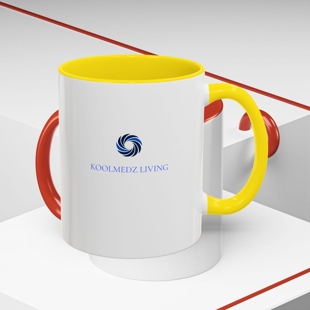 Ceramic accent mug with yellow rim and handle, white body, blue logo