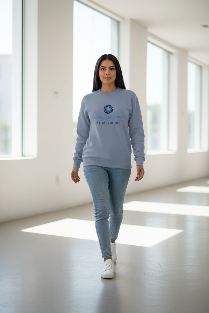CALM IN MOTION crewneck sweatshirt, cool blue with chest logo and ribbed cuffs