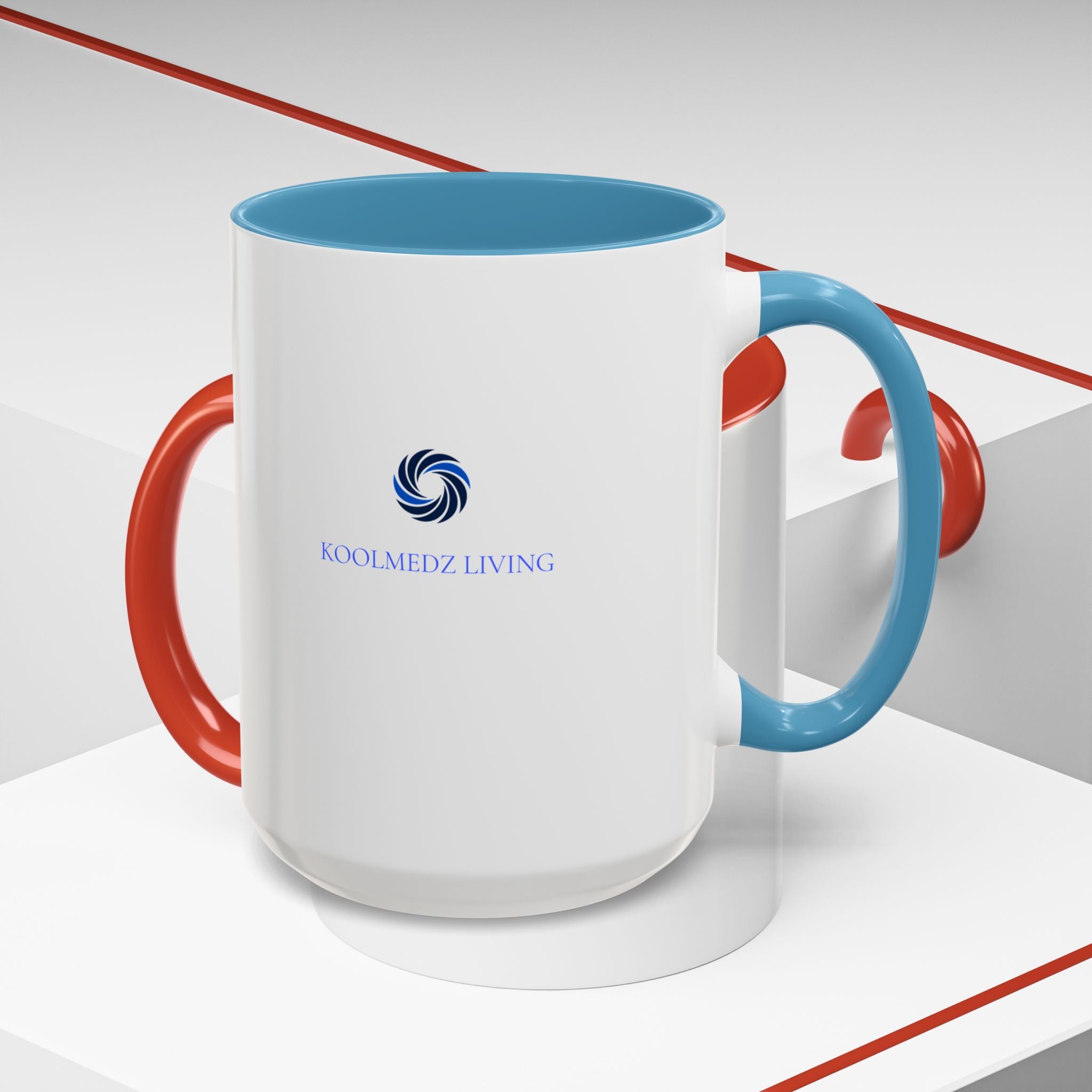Ceramic mug with light blue interior and handle, white body, Living logo on front.