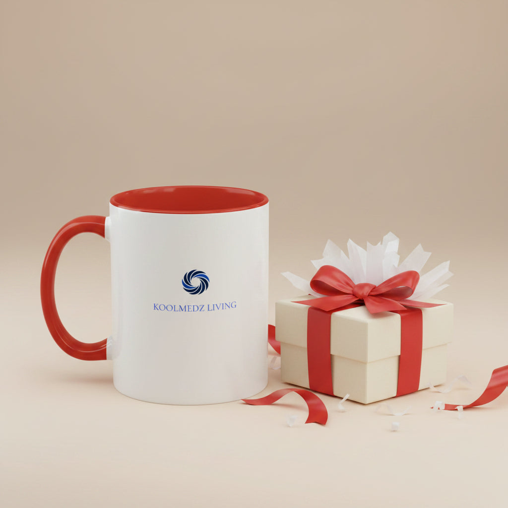 Ceramic mug with red rim and handle, white body, blue KoolMedz Living logo