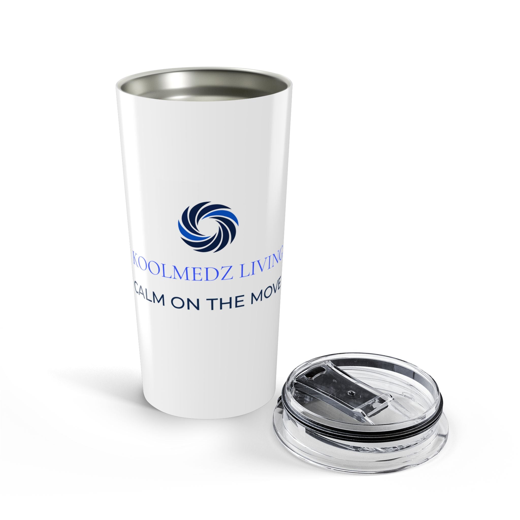 White insulated tumbler with KoolMedz Living logo, open clear lid and metal rim