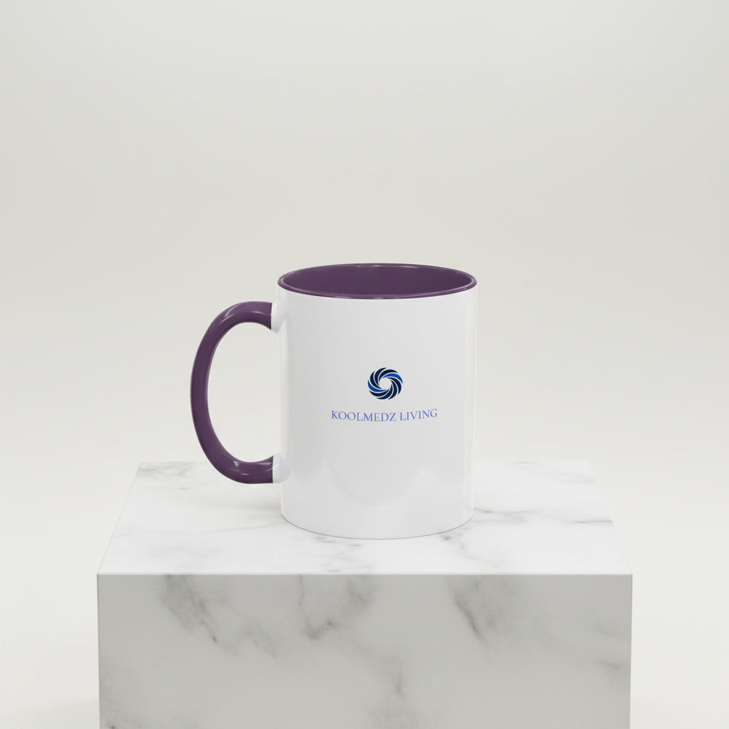Ceramic mug, white body with purple handle and rim, KoolMedz Living logo