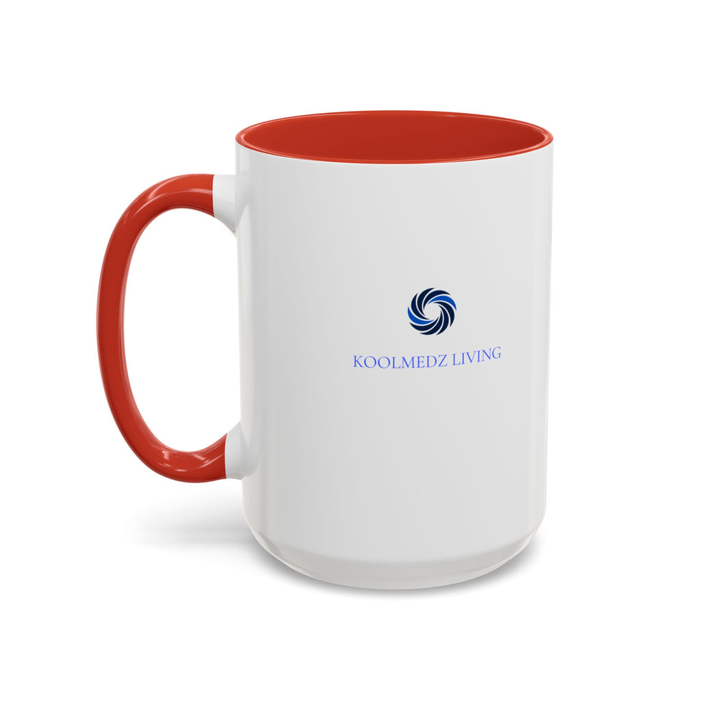 Ceramic mug with red interior and handle, white body, KoolMedz Living logo.