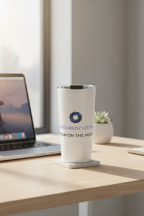 White insulated 20oz tumbler with KoolMedz Living logo and screw-top lid
