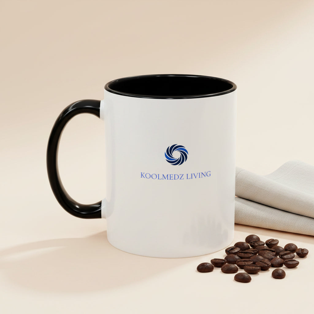 Ceramic mug with black rim and handle, white body, blue KoolMedz Living logo