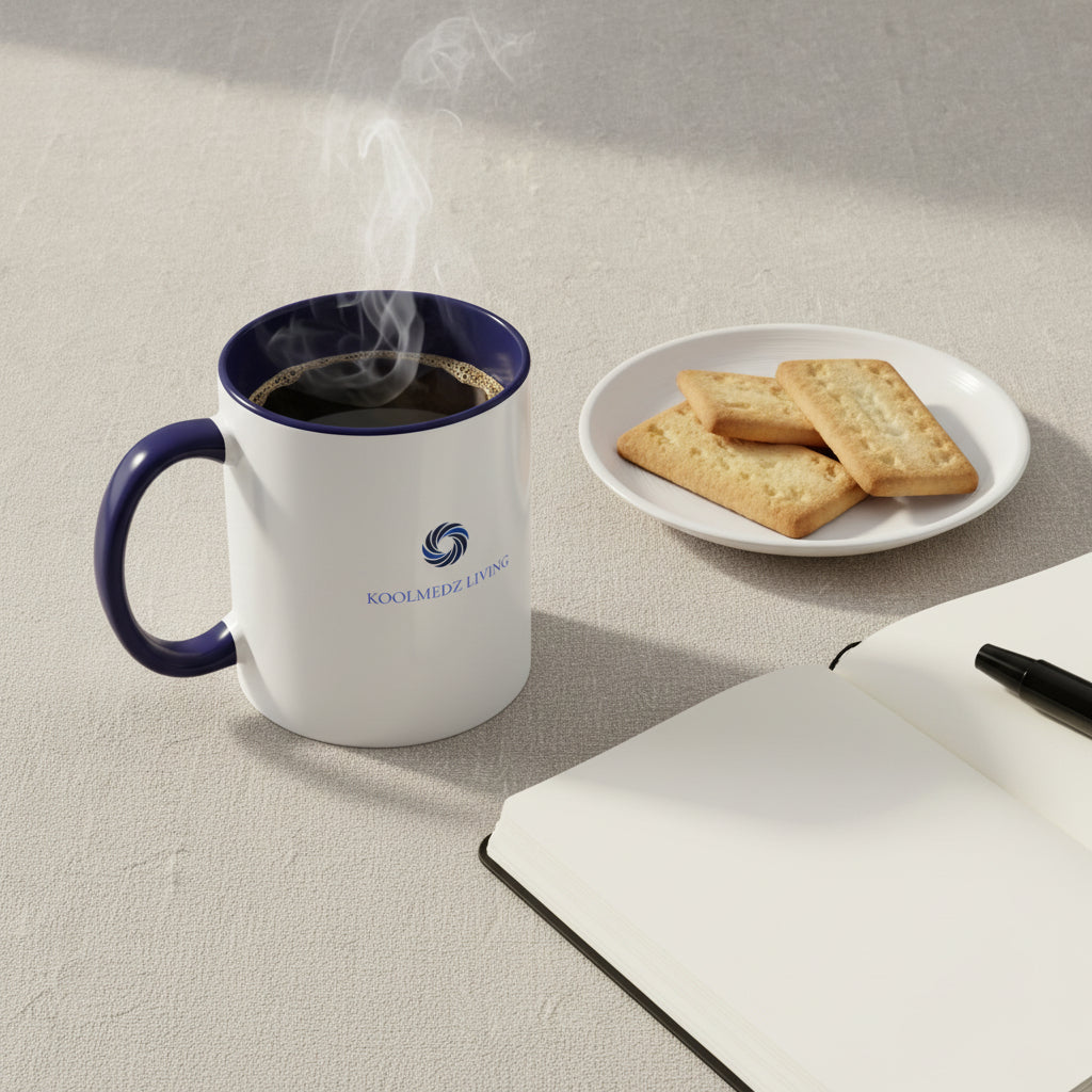 Ceramic mug with dark blue rim and handle, white body, blue KoolMedz Living logo