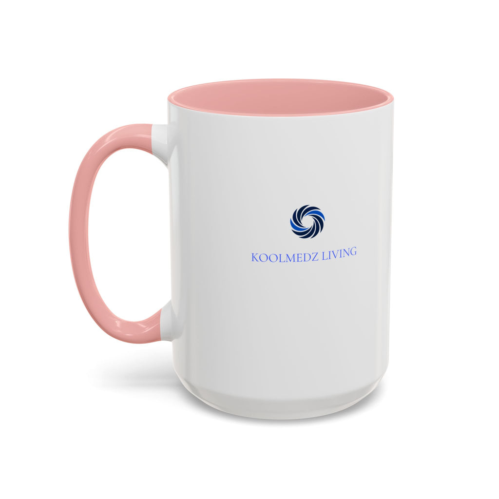 Ceramic mug with pink handle and pink interior, white body, KoolMedz Living logo.