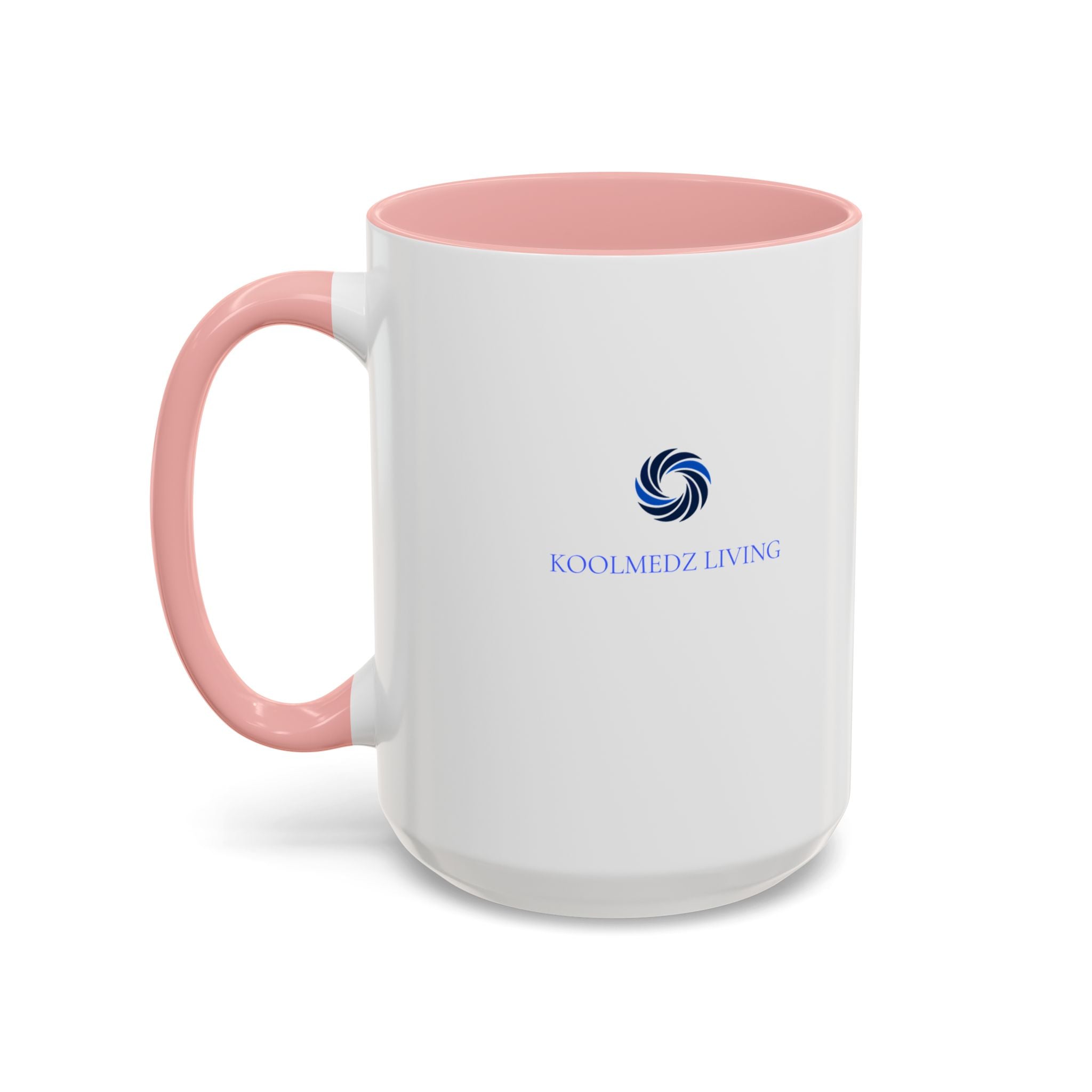 Ceramic mug with pink handle and pink interior, white body, KoolMedz Living logo.