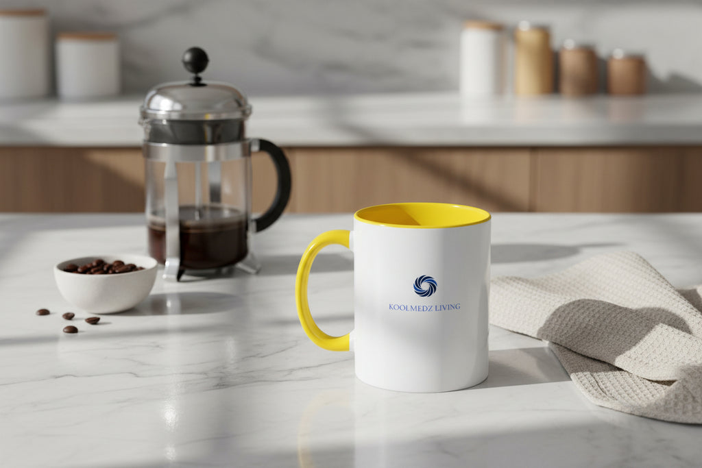 Ceramic accent mug with yellow rim and handle, white body, blue logo