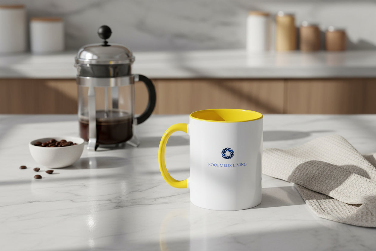Ceramic accent mug with yellow rim and handle, white body, blue logo