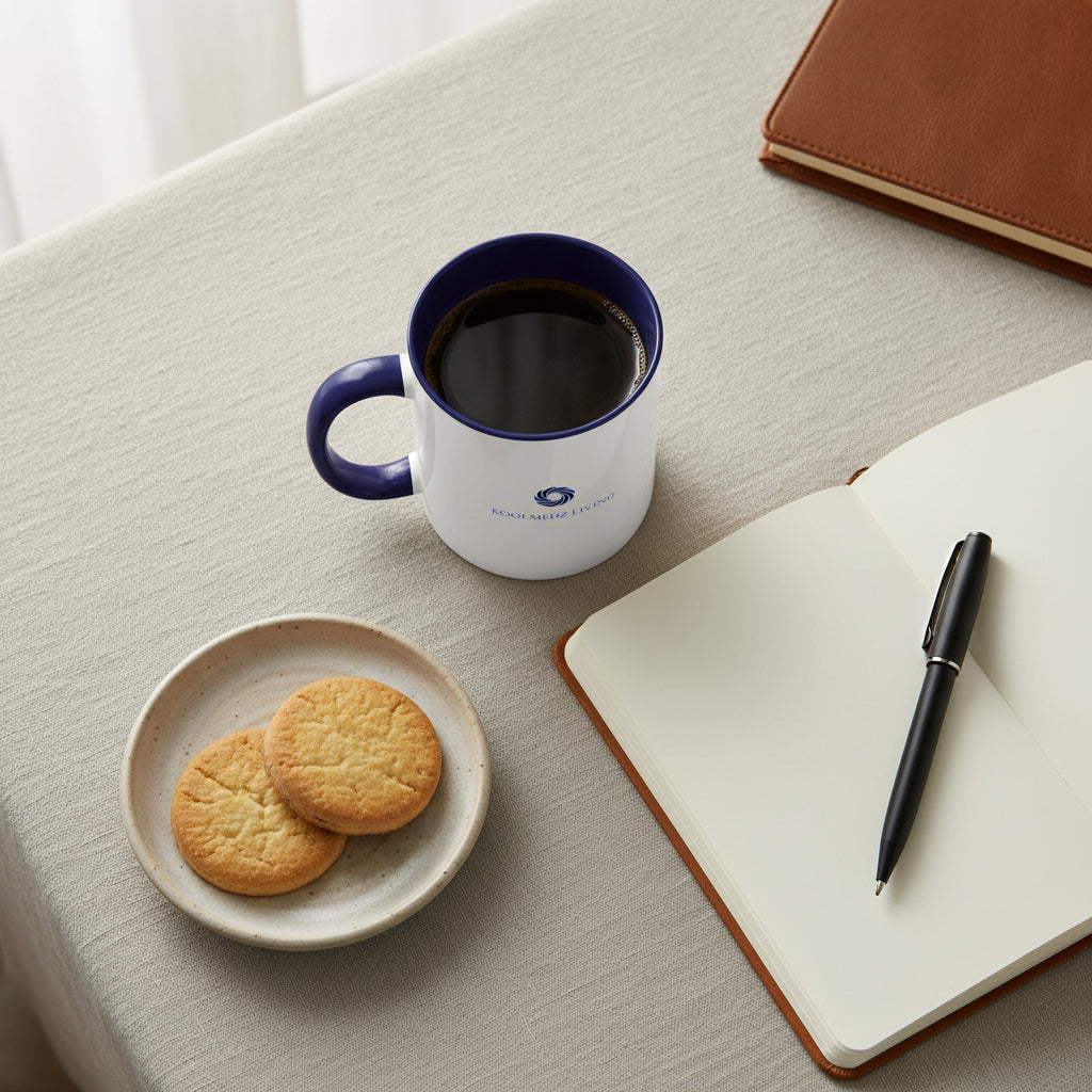 Ceramic mug with dark blue rim and handle, white body, blue KoolMedz Living logo