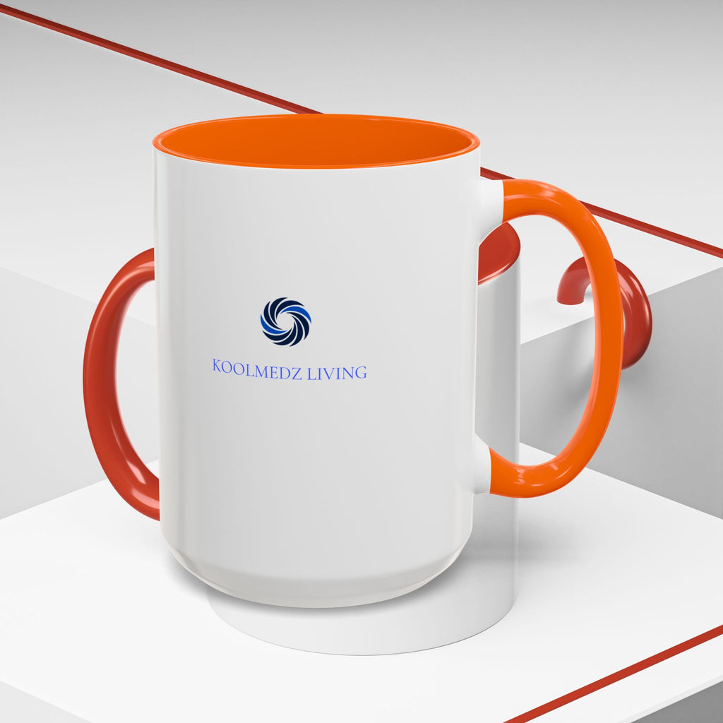 Ceramic accent mug with orange rim and handle, white body, blue logo