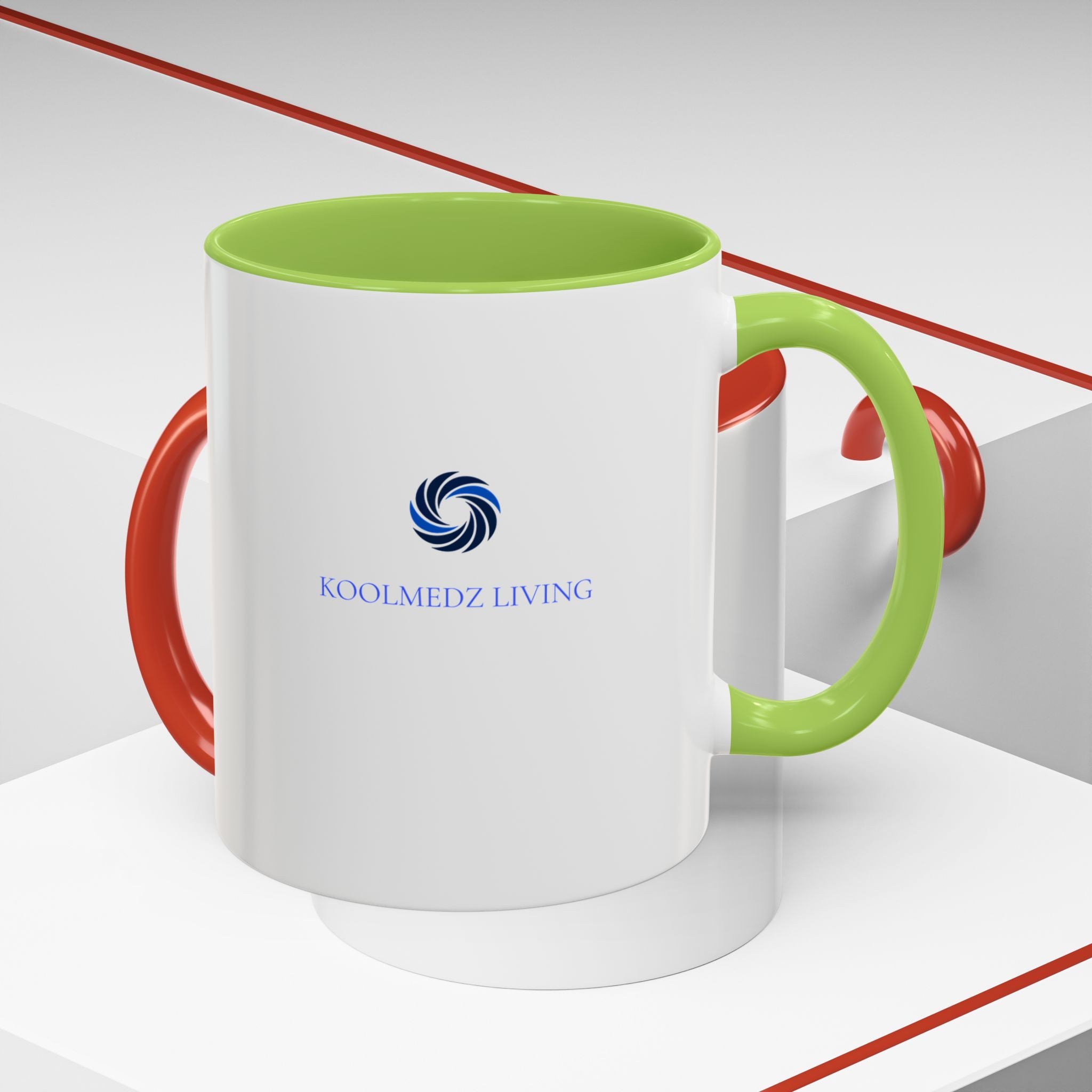 Ceramic accent mug with light green rim and handle, white body, blue logo