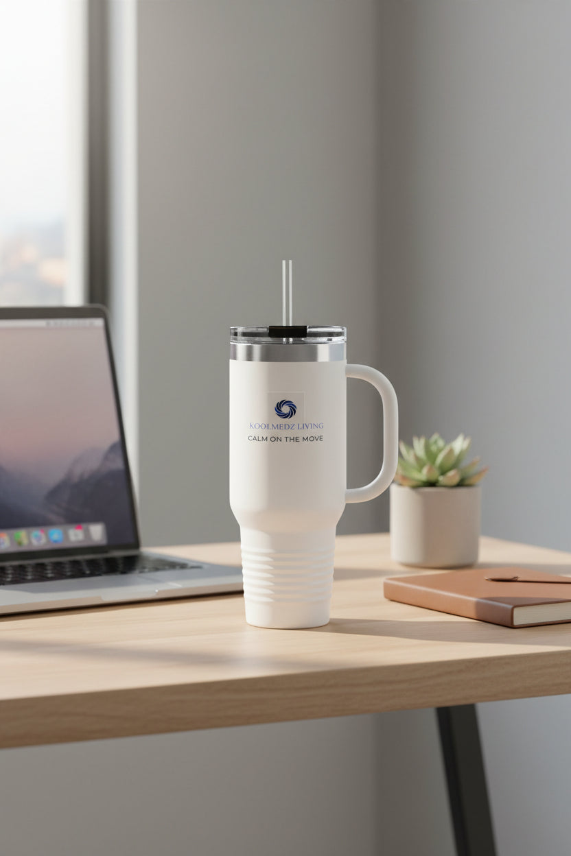White insulated travel mug with lid and drinking straw, side handle