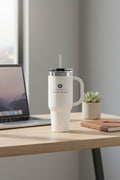 White insulated travel mug with lid and drinking straw, side handle