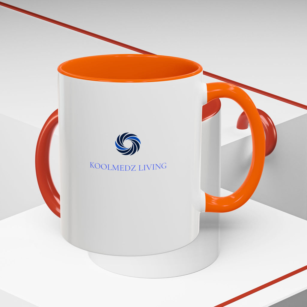 Ceramic mug with orange interior and handle, white body, front Living logo.