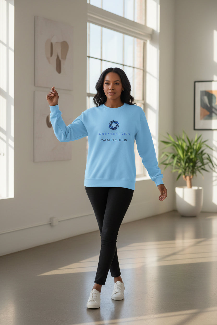 CALM IN MOTION crewneck sweatshirt, sky blue with chest logo and ribbed hem