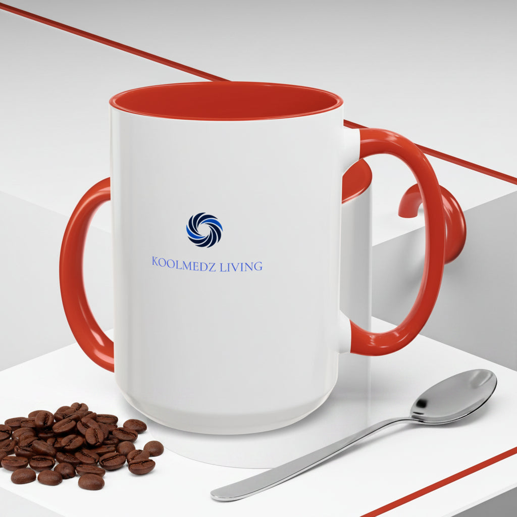 Ceramic mug with orange interior and handle, white body, KoolMedz Living logo.