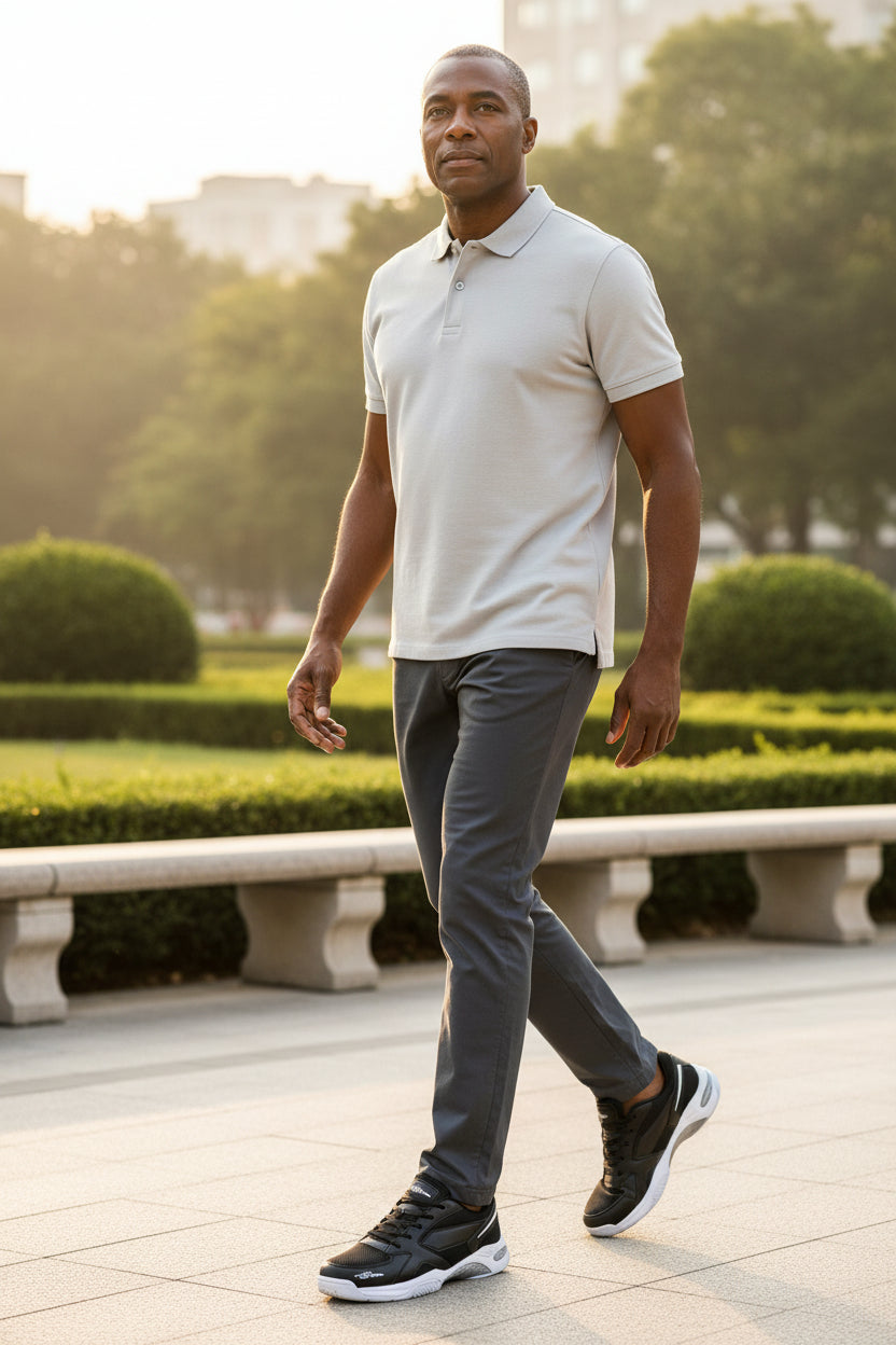 Men's structured walking sneakers in dark color worn outdoors with jeans