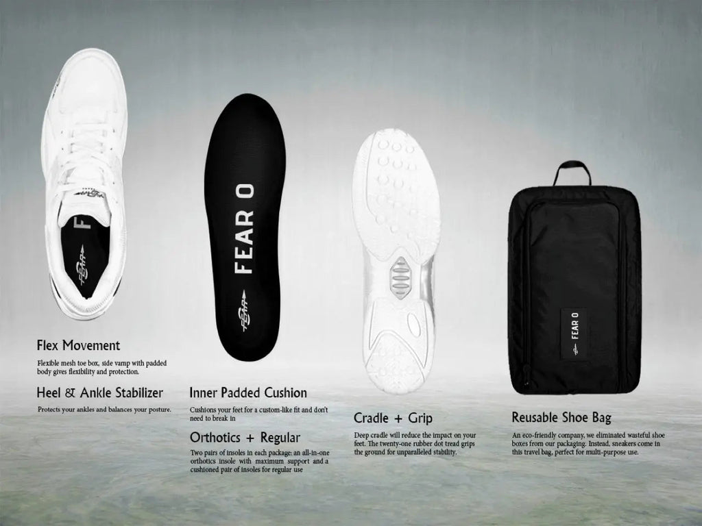 Men's structured walking sneakers features diagram with white and black shoes