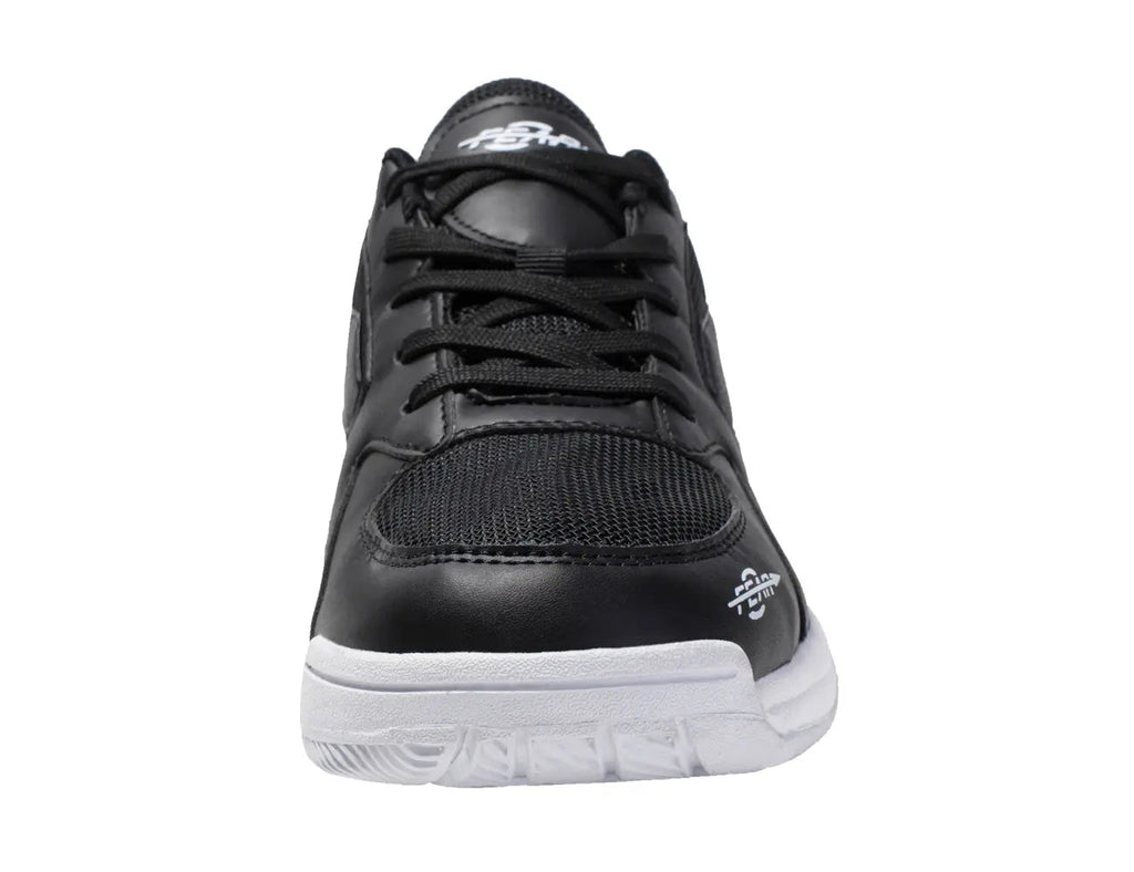 Black men's lace-up walking sneaker with textured upper and white midsole