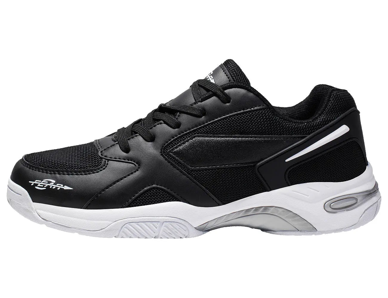 Black men's walking sneakers, lace-up style with side logo and white trim