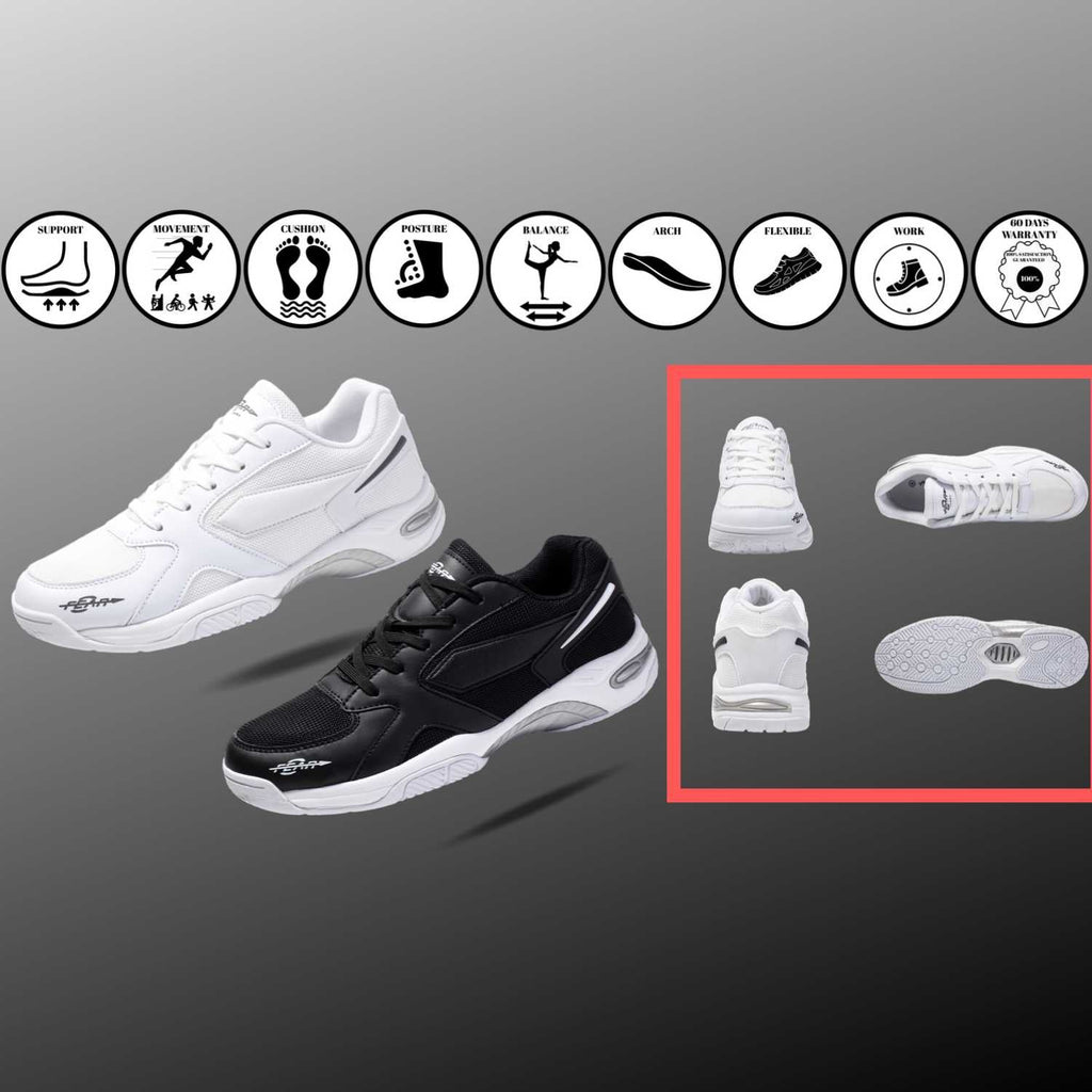 Men's structured walking sneakers set: white and black pairs on a flat lay