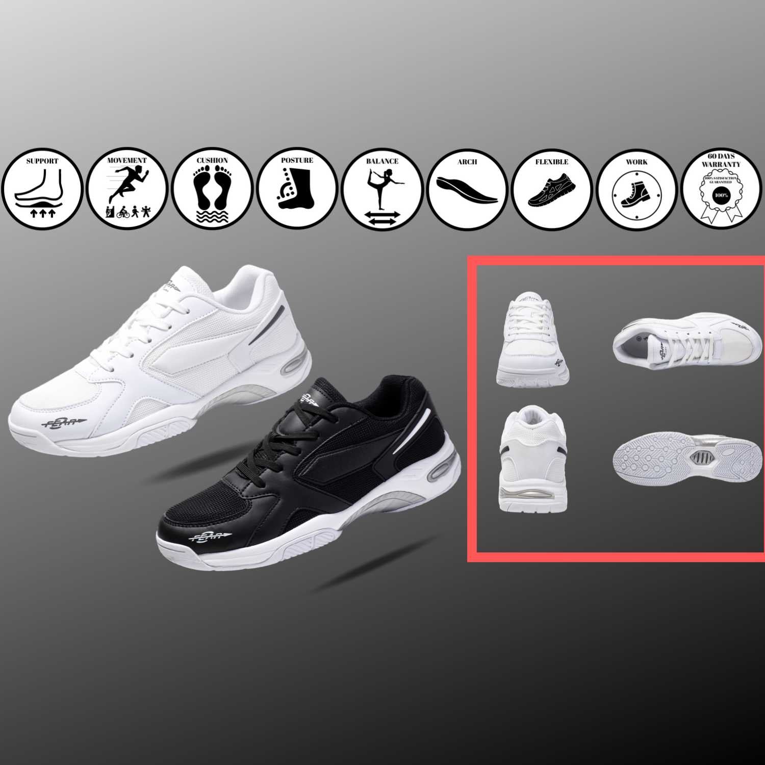 Men's structured walking sneakers set: white and black pairs on a flat lay