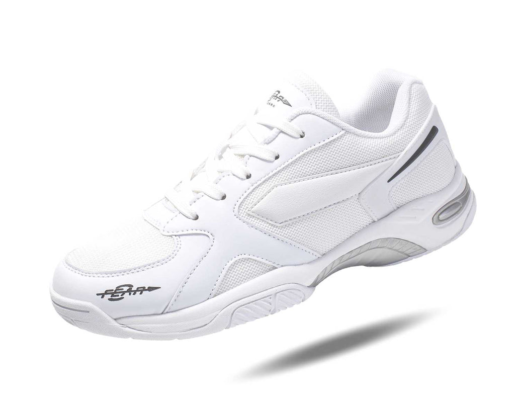 Men's structured walking sneakers, isolated white leather-look upper with gray detail