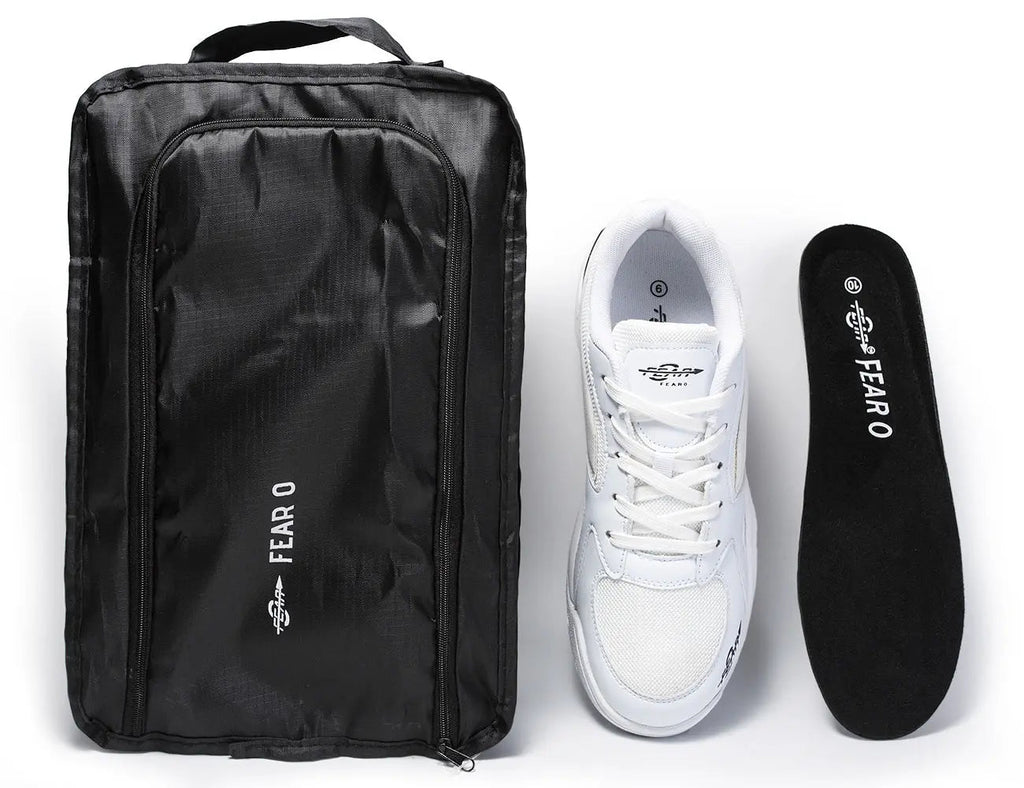 Men's white walking sneakers with black shoe bag and black “FEARO” insole