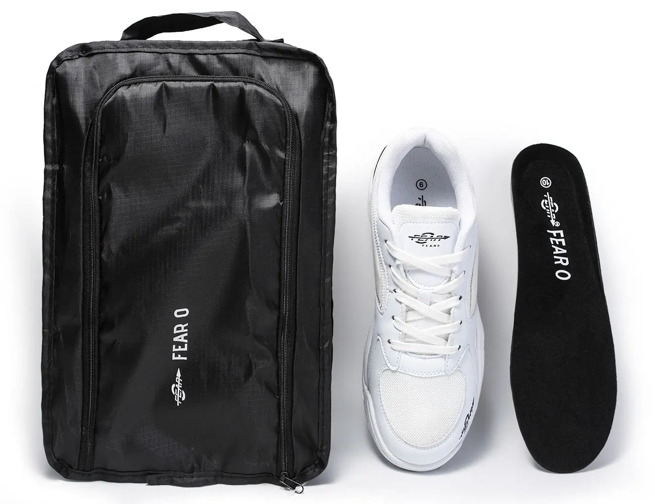 Men's white walking sneakers with black shoe bag and black “FEARO” insole