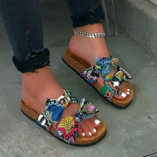 Women's patterned bow slide sandals, multicolor beaded-look bow front