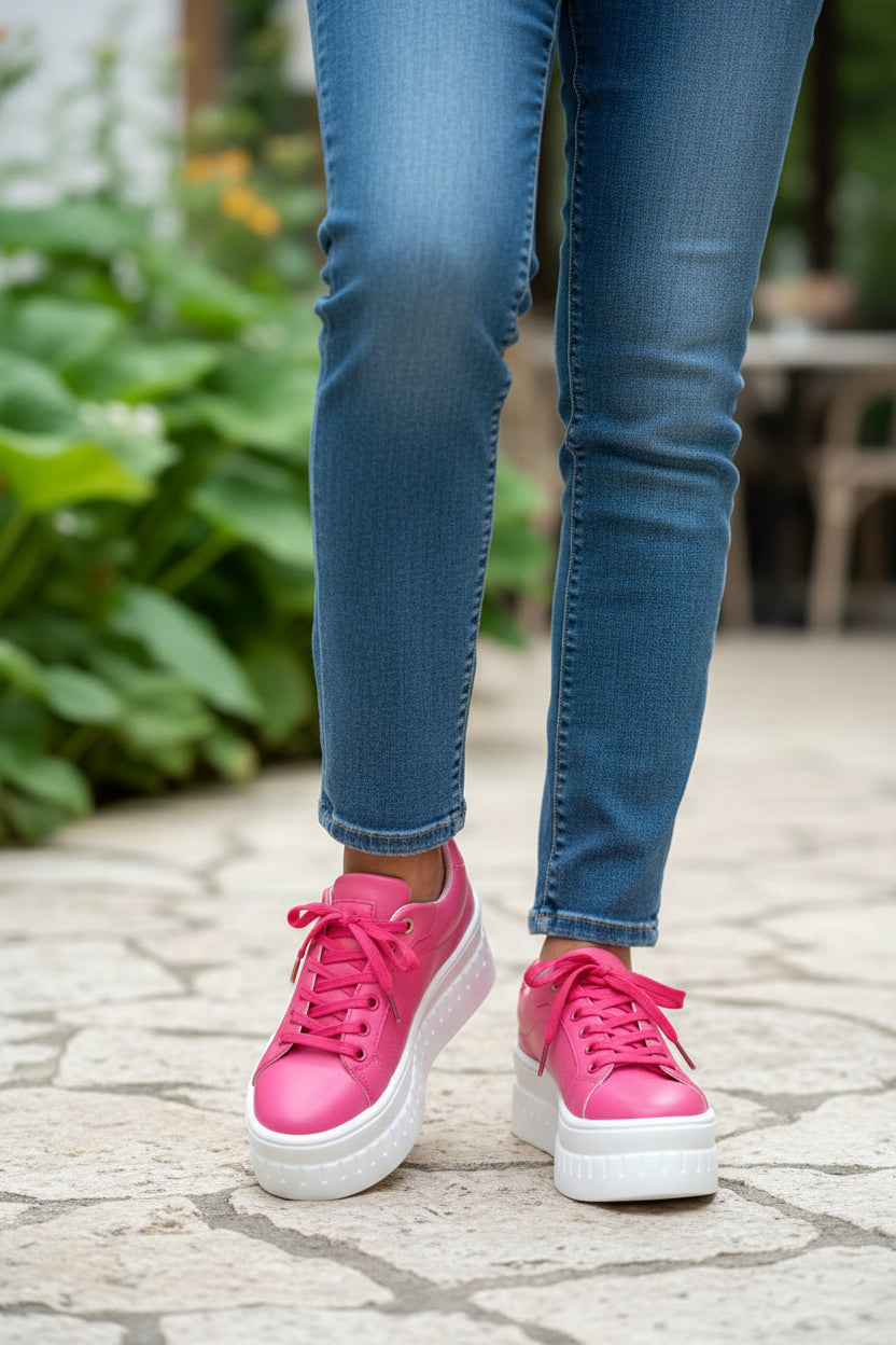Women’s platform sneakers in bright pink with lace-up front and white rubber sole